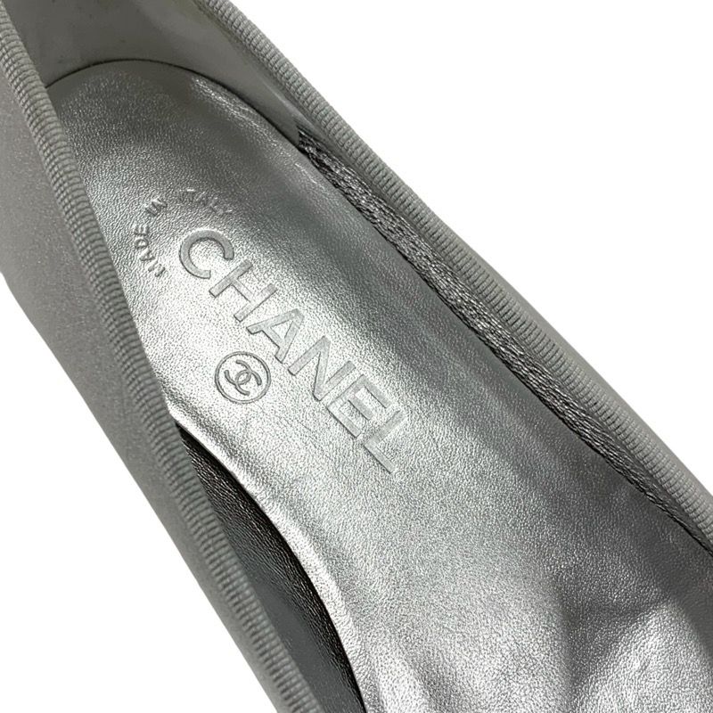 Chanel Flat Shoes Leather Fabric Silver Black Ballet Shoes Ballerina Coco Mark
