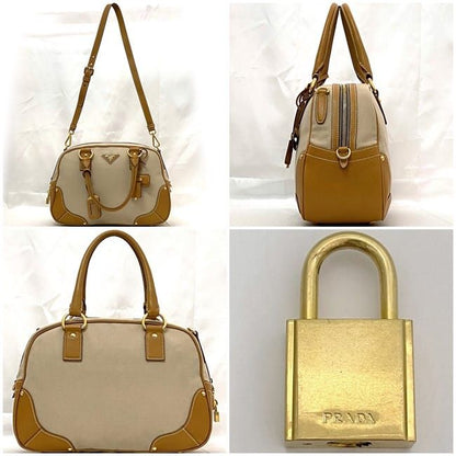 Prada 2way Boston Bag Beige Orange Corda Cuoio