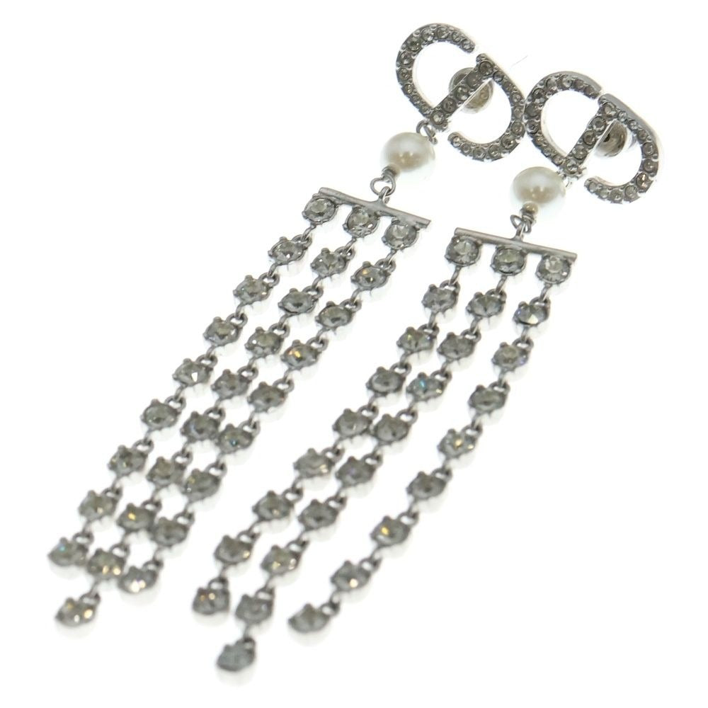 Dior CD Logo Rhinestone Pearl Chien Delia Earrings Silver