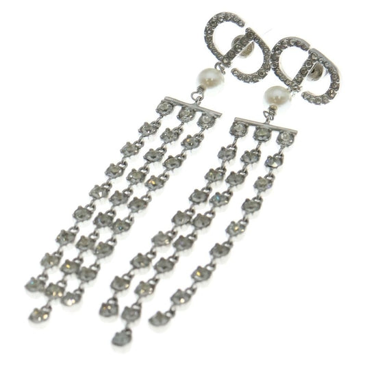 Dior CD Logo Rhinestone Pearl Chien Delia Earrings Silver