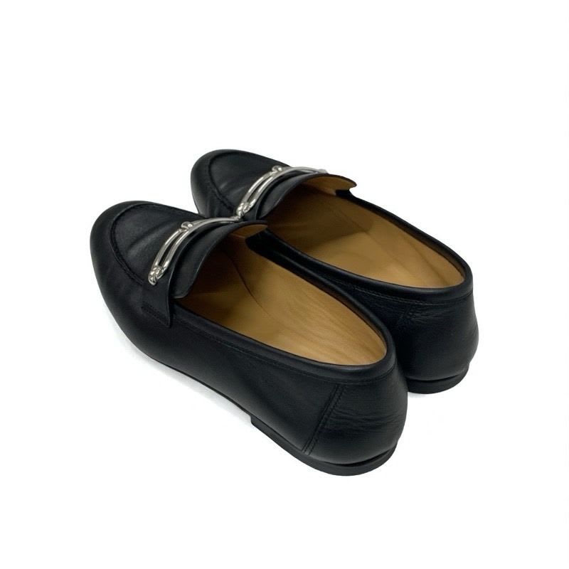 Hermes Colette Loafer Leather Shoes Black Silver Moccasin Flat