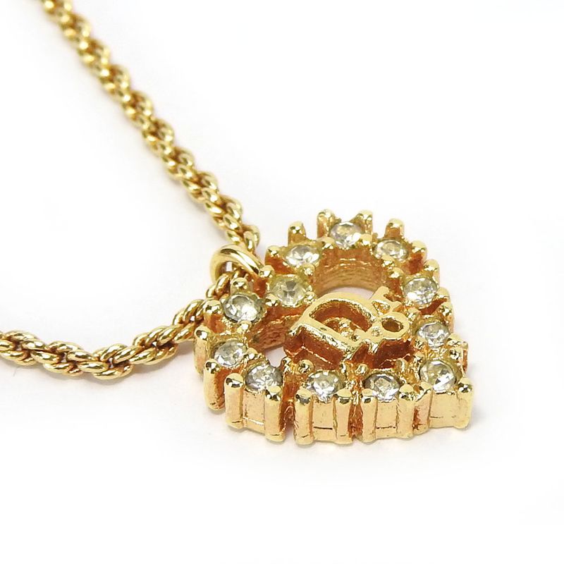 Christian Dior Necklace Metal Gold Heart Rhinestone Accessories Women Ladies