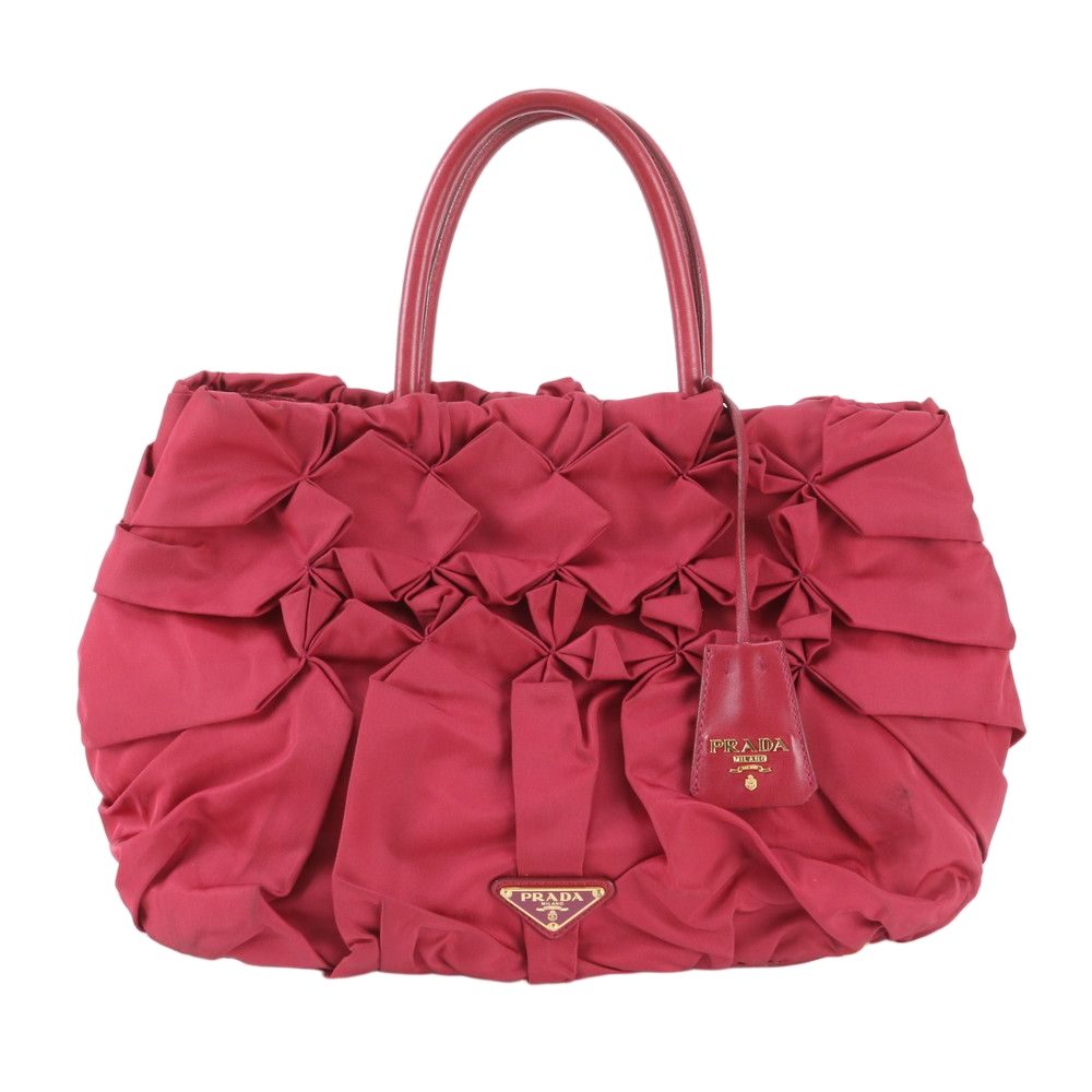 Prada Tessuto Nylon Triangle Logo Ruffle Leather Tote Shoulder Hand