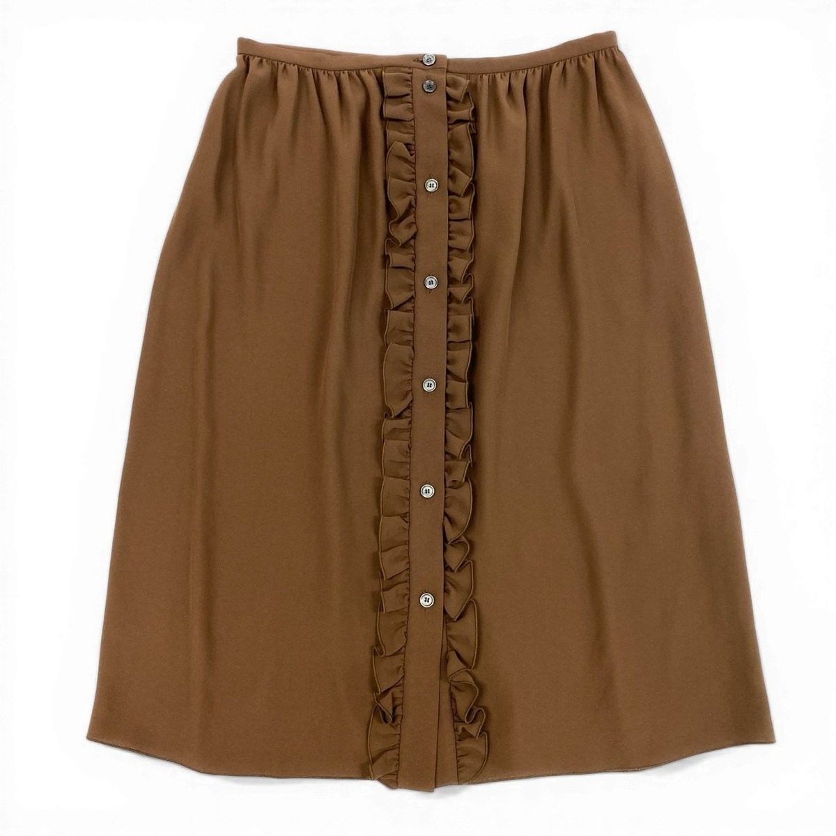 Celine Ed7 Silk Skirt Knee Length Ruffle Front Button 38 Brown — view 2