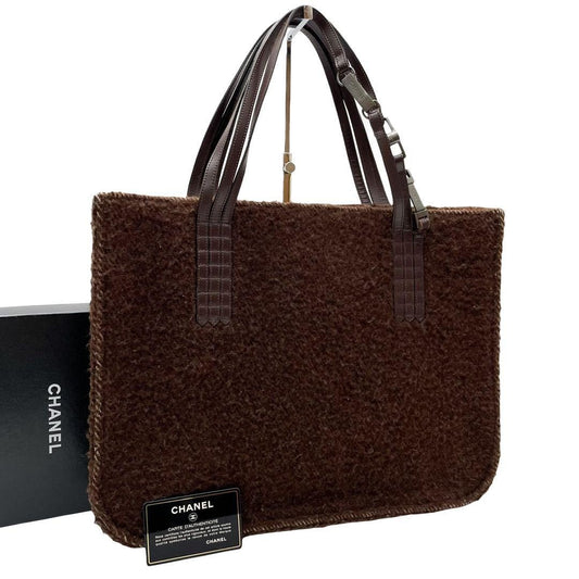 Chanel Shearling Leather Logo Hand Tote Brown