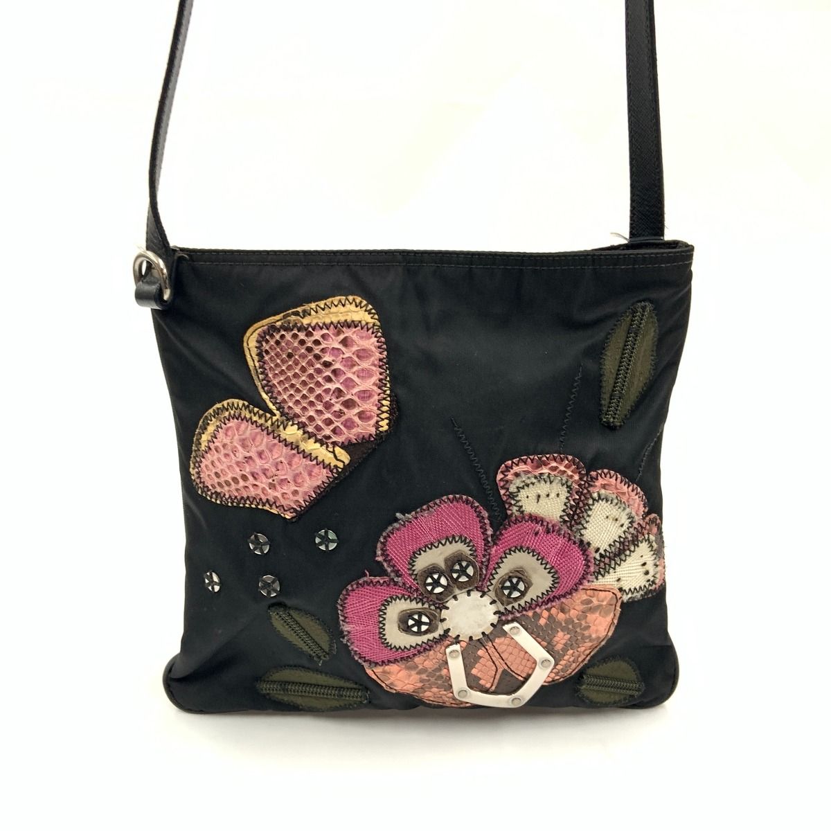 Prada Flower Embroidery Nylon Crossbody Shoulder Bag Black