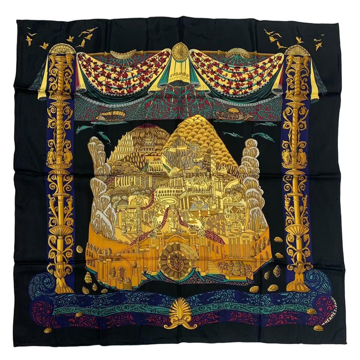 Hermes Carre 90 L Atlantide Atlantis Silk Scarf Black