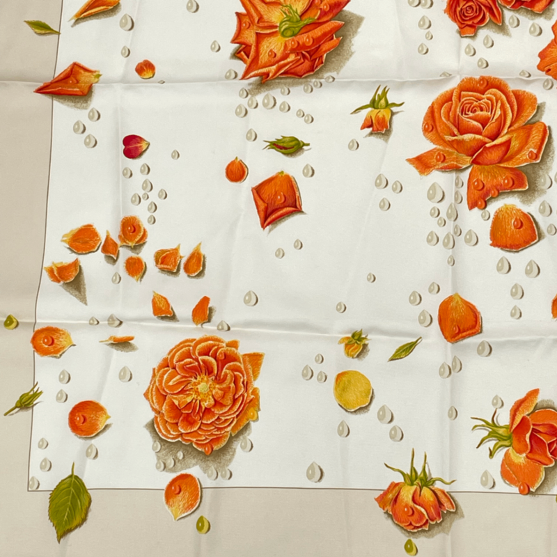 Hermes Carre 90 LA Rosee Anne Gavarni Rose Drop Scarf Silk Beige