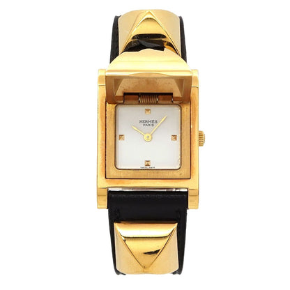 Hermes Medor Vintage Watch Pyramid Gold Studs White Black Quartz