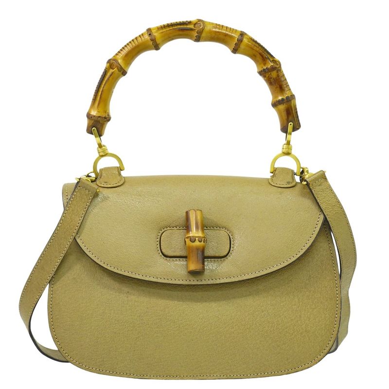 Authentic Gucci Bamboo 2WAY Shoulder Bag Handbag Pochette Leather Beige Bamboo