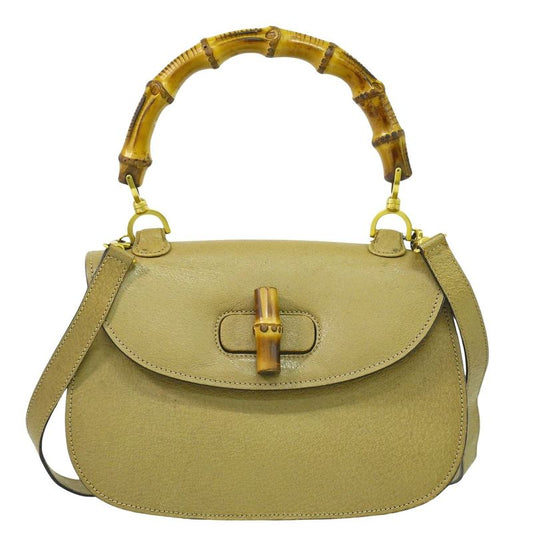 Authentic Gucci Bamboo 2WAY Shoulder Bag Handbag Pochette Leather Beige Bamboo