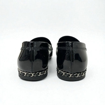 Chanel Loafers Leather Shoes Patent Black White Silver Here Mark Chain Flat