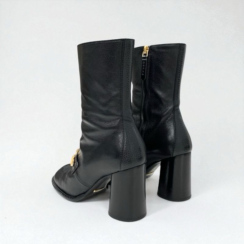 Gucci Boots Short Shoes Leather Black Gold Chain Belt