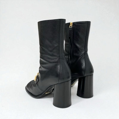 Gucci Boots Short Shoes Leather Black Gold Chain Belt