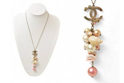 Chanel Long Necklace Pendant Chnael Coco CC Pearl Shell Motif Antique Gold Rose