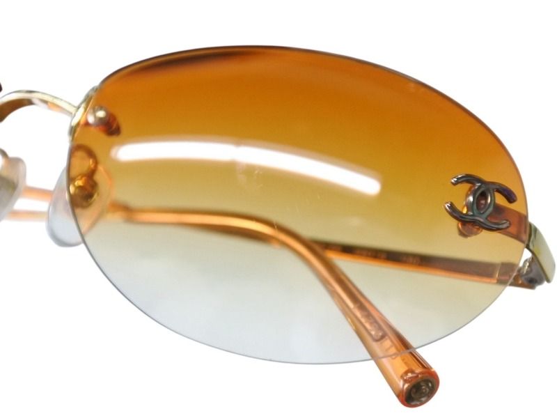 Chanel CC Logo Rimless Sunglasses Orange Gold Eyewear — view 4