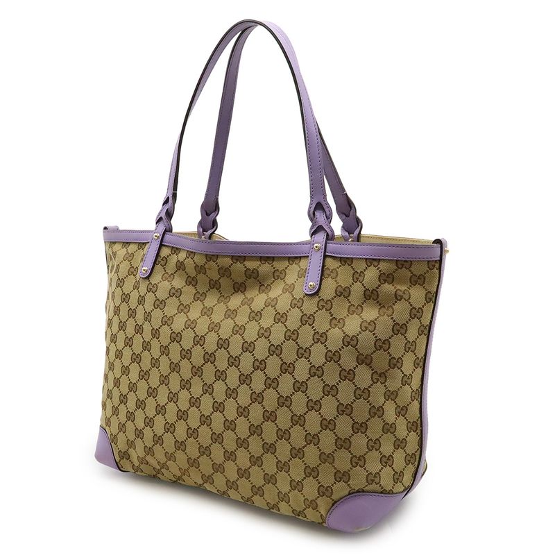 Gucci GG Canvas Tote Bag Shoulder Bag Semi Shoulder Leather Khaki Beige Purple
