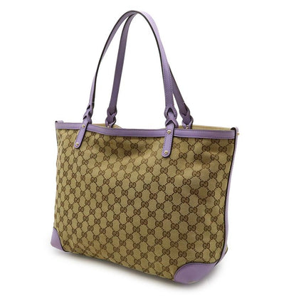 Gucci GG Canvas Tote Bag Shoulder Bag Semi Shoulder Leather Khaki Beige Purple