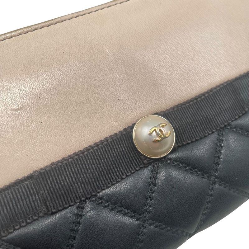 Em0840 Chanel Women's Long Wallet Pearl Zippy Wallet Black Beige
