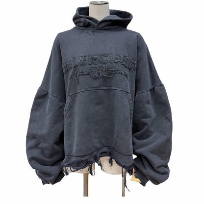 Balenciaga Cotton Flayed Destroy Process Logo Patch Cropped Length Hoodie Black