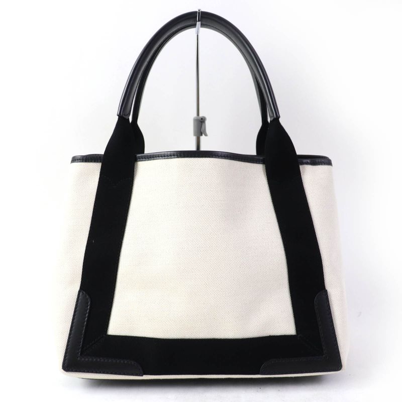 Balenciaga 339933 Small Cabas Su Cotton Canvas And Black Calfskin Handbag With