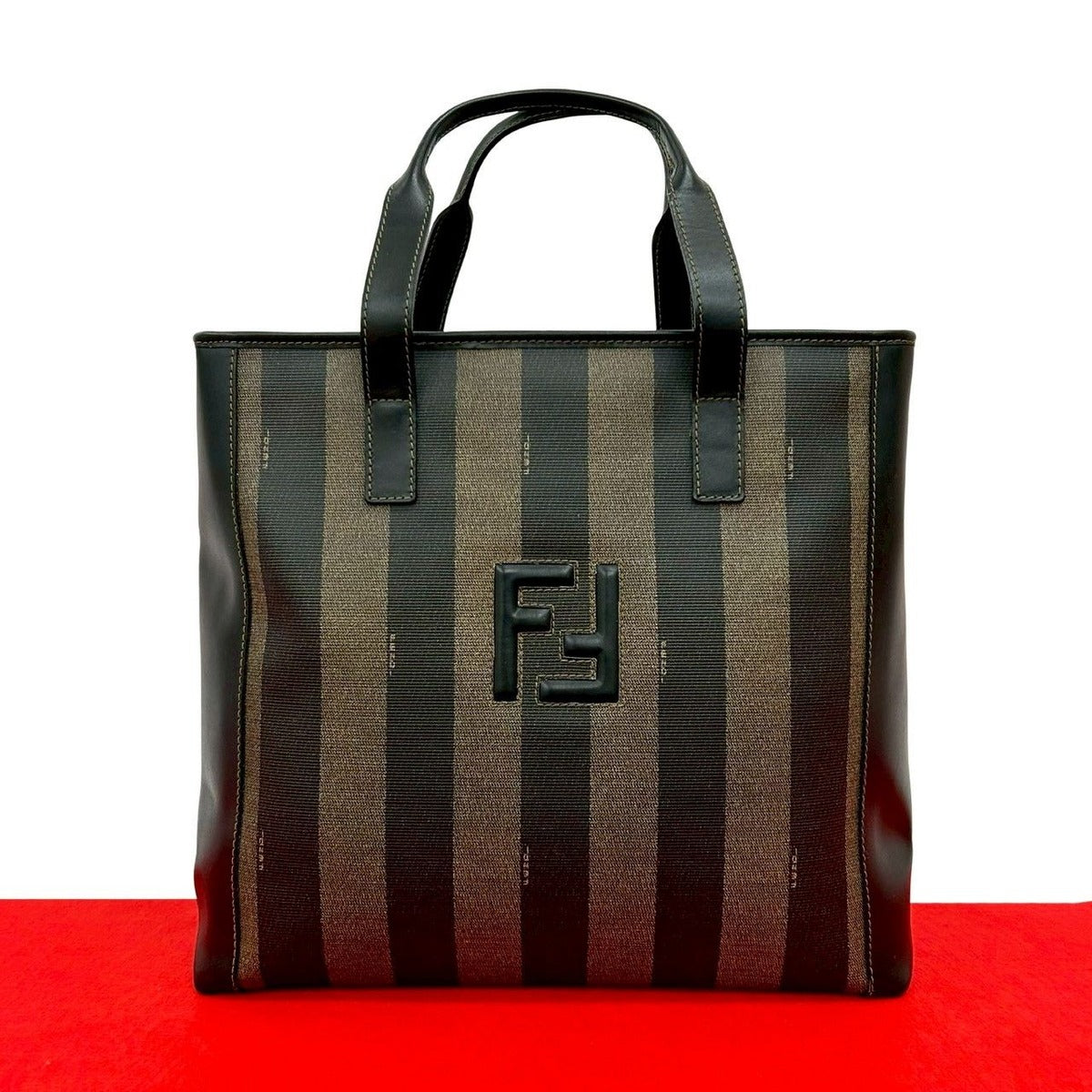 Fendi Pecan Pattern Stripe Zucca FF Leather Handbag Mini Tote Black Khaki