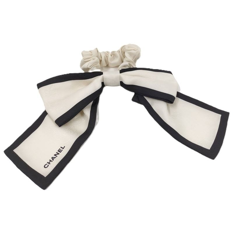 Chanel Scrunchie Ribbon Coco Mark Logo Hair Clip Silk White Black