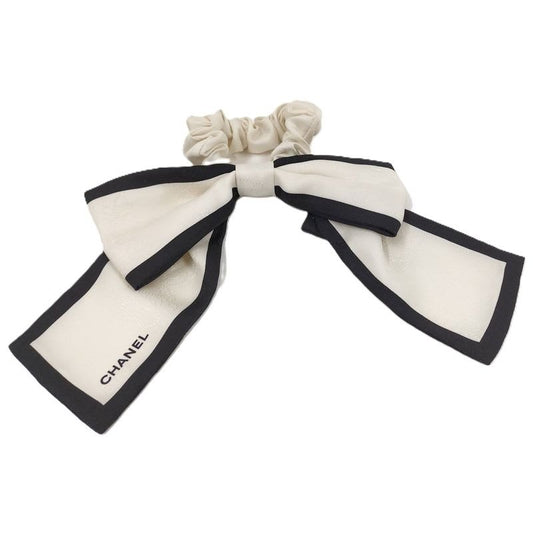 Chanel Scrunchie Ribbon Coco Mark Logo Hair Clip Silk White Black