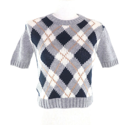 Prada Embroidered Logo Argyle Short Sleeve Knit Gray 36 Hat