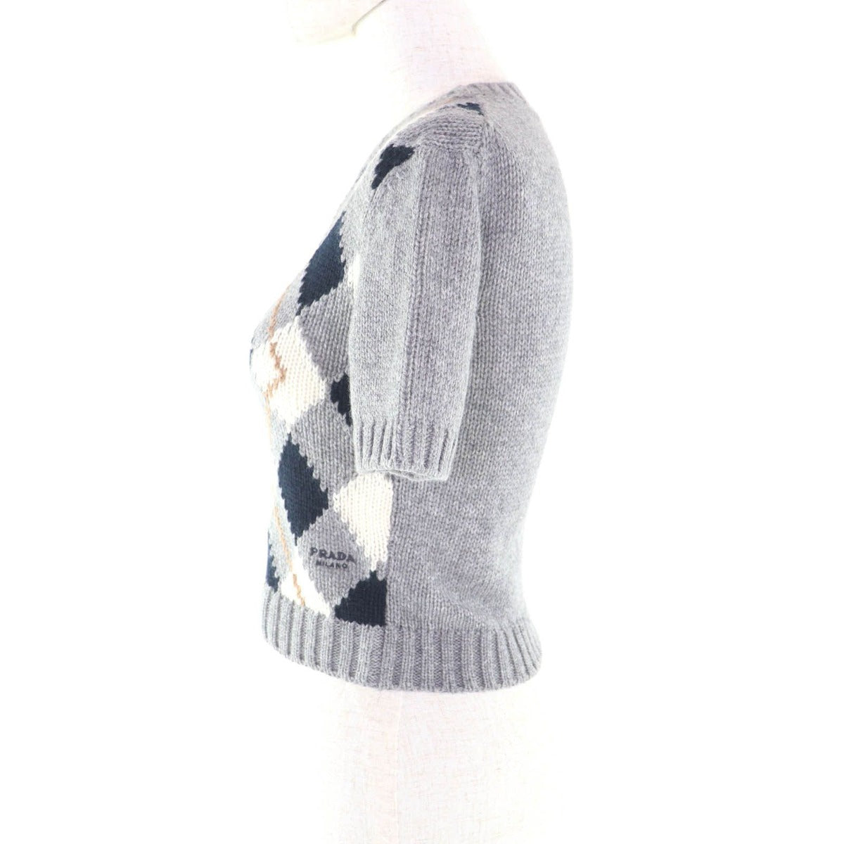 Prada Embroidered Logo Argyle Short Sleeve Knit Gray 36 Hat — view 2