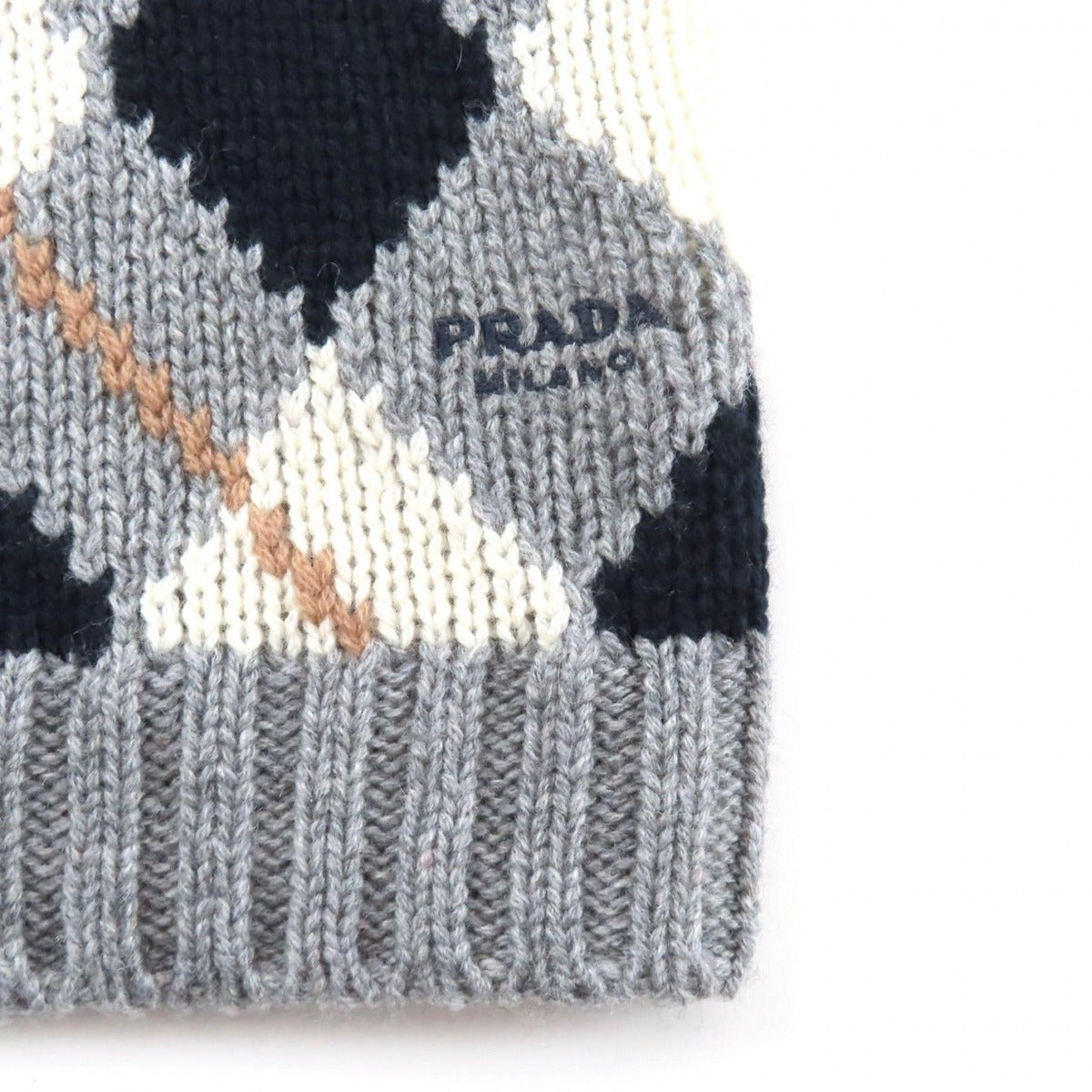 Prada Embroidered Logo Argyle Short Sleeve Knit Gray 36 Hat — view 5