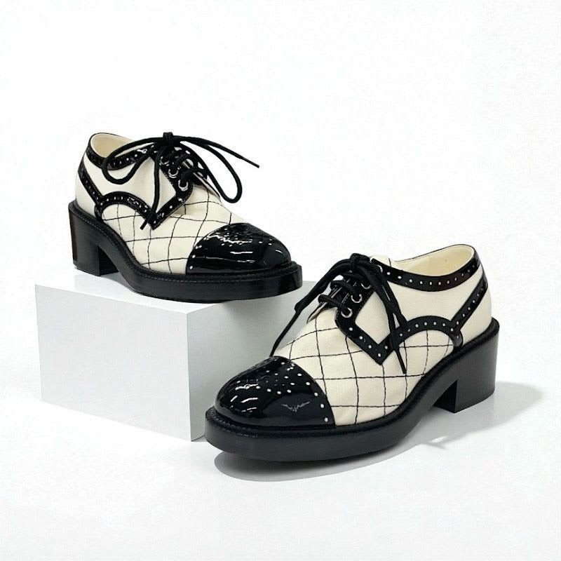 Chanel Loafers Leather Shoes Patent Fabric White Black Coco Mark Lace Up