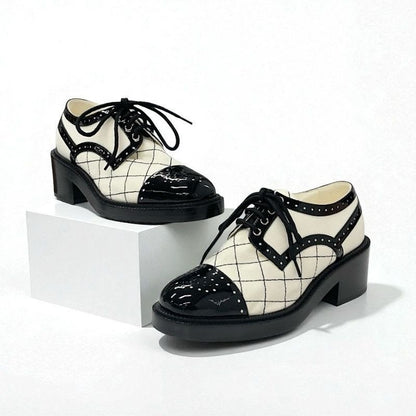Chanel Loafers Leather Shoes Patent Fabric White Black Coco Mark Lace Up