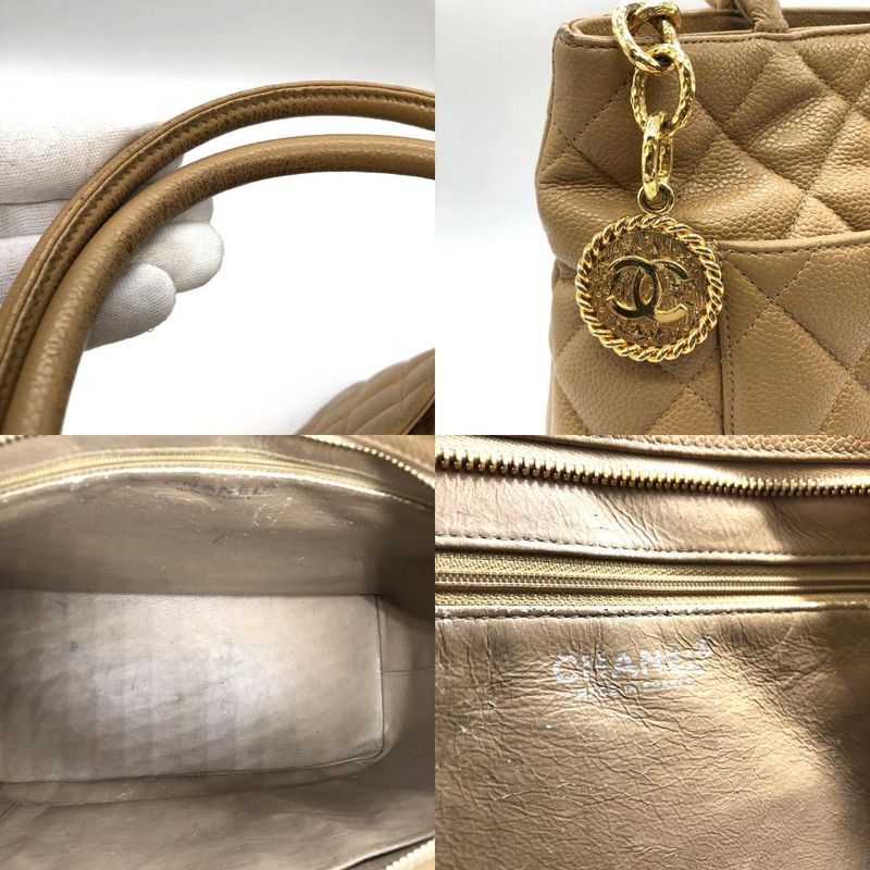 Chanel Tote Shoulder Bag Coco Mark Matte Caviar Skin Beige Ladies