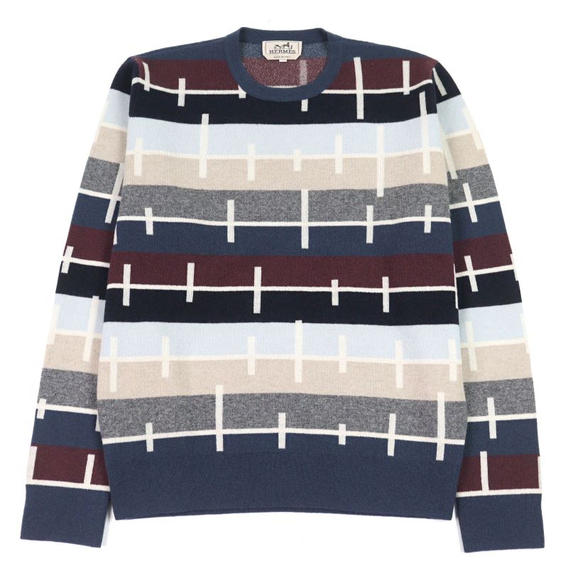 Hermes 100% Cashmere Crewneck Sweater Knit Multicolor Striped Pattern M Made In