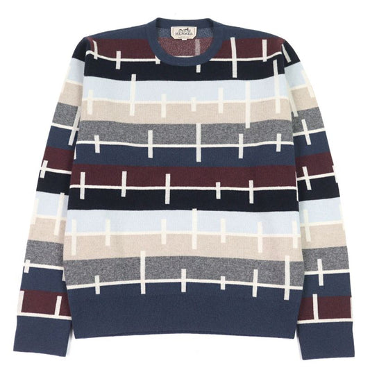 Hermes 100% Cashmere Crewneck Sweater Knit Multicolor Striped Pattern M Made In
