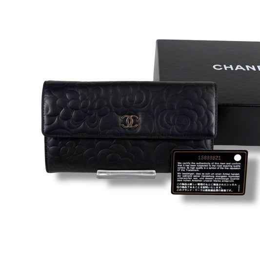 Chanel Camellia Long Wallet Bifold CC Logo Black