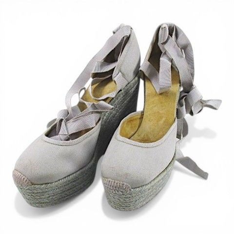 Hermes Sandals Wedge Sole Ribbon Espadrilles Gray 39 Canvas