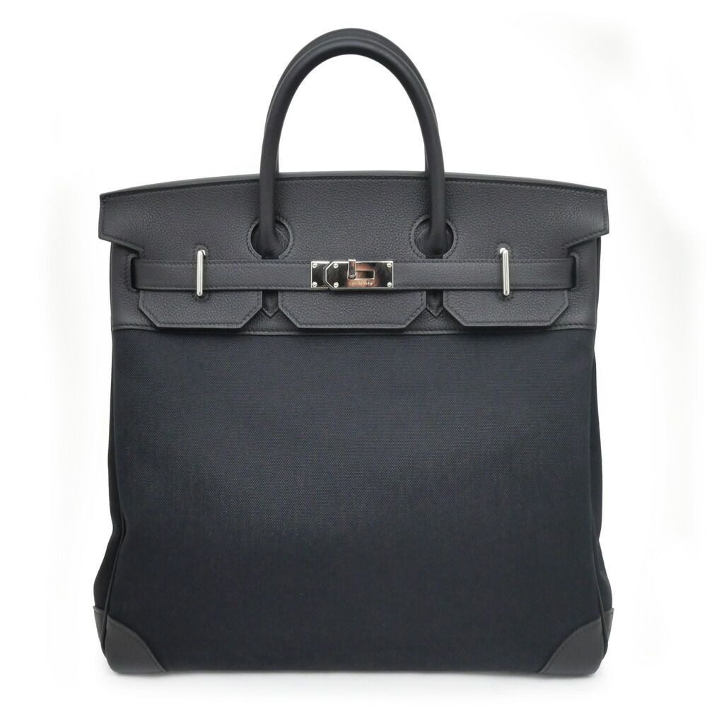 Hermes Haut a Courroies Hac 40 Black Silver Toile Military Togo Hand Bag