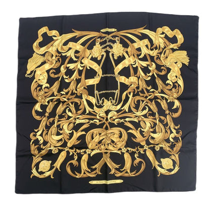 Hermes Carre 90 LE MORS A LA Conetable Gag Grace Black And Gold Scarf With Box