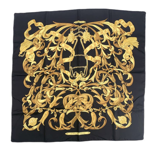 Hermes Carre 90 LE MORS A LA Conetable Gag Grace Black And Gold Scarf With Box