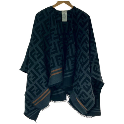 Fendi Zucca Pattern Poncho Tu Size Fxx636 A3 Q1 Black Gray Stole Wool Silk