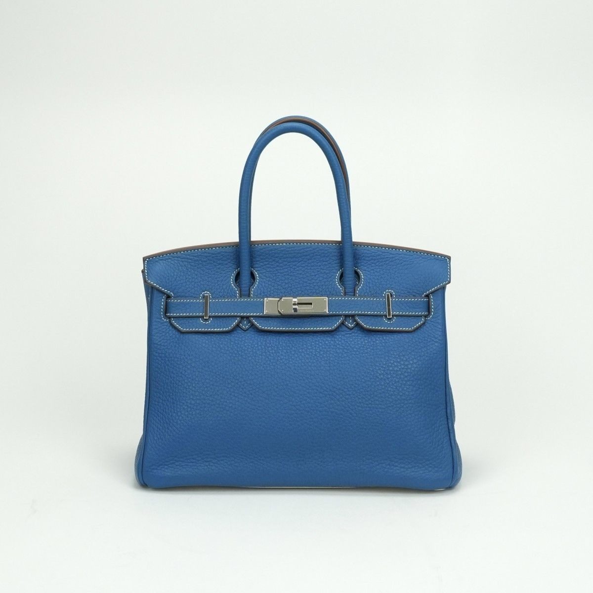 Hermes Birkin 30 Tote Taurillon Clemence Mykonos Blue White Silver Handbag
