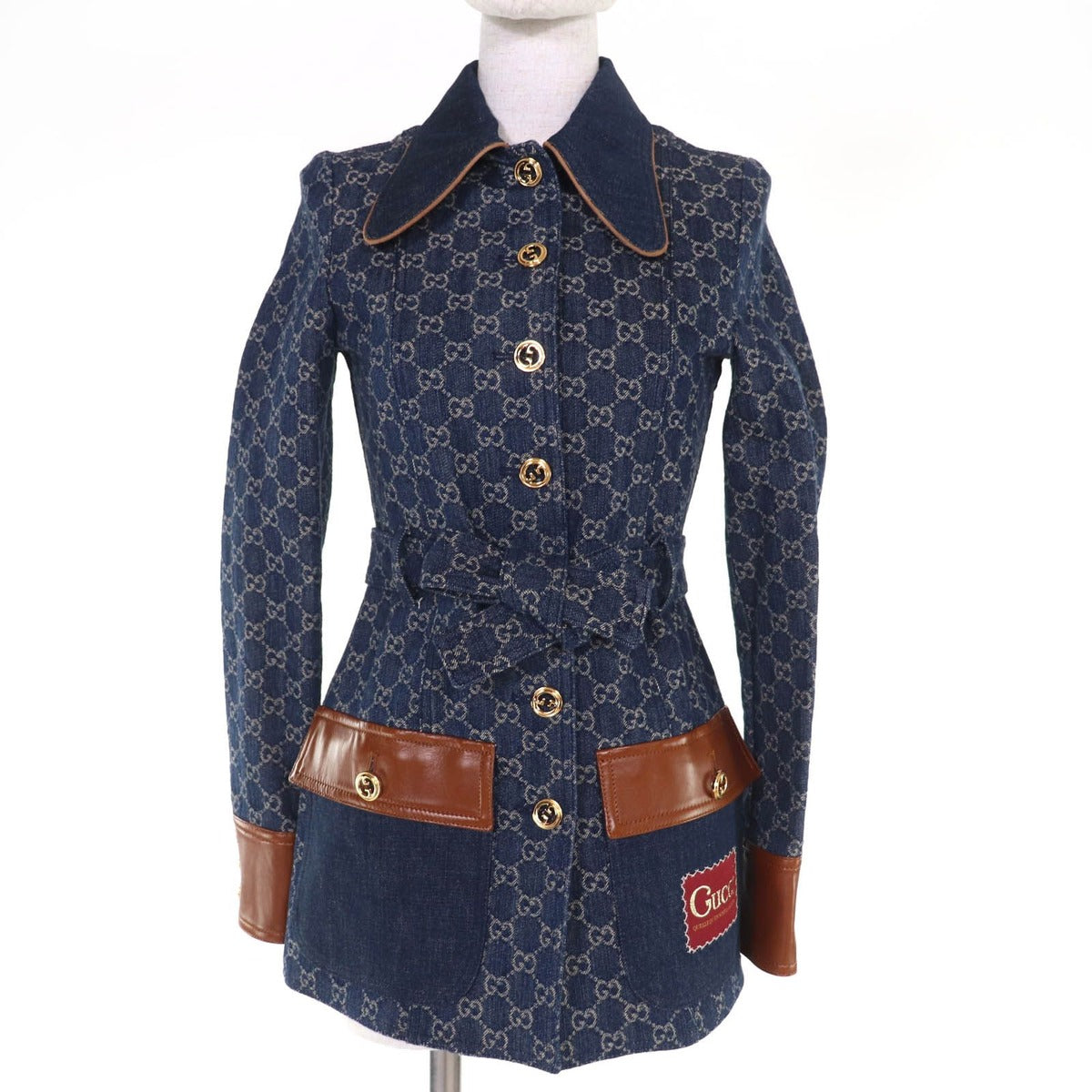 Gucci GG Washed Organic Leather Denim Jacket Indigo 34 with Hanger Made