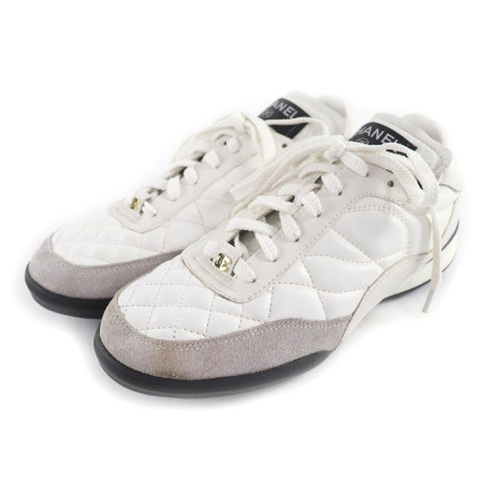 Chanel Quilted Lace-Up Leather Sneakers White 38