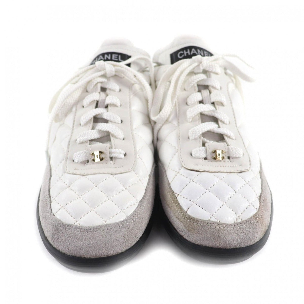 Chanel Quilted Lace-Up Leather Sneakers White 38 — view 3