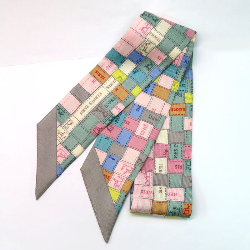 Hermes Twilly - Bolduc Check Scarf Gray - Multicolor - 100% Silk