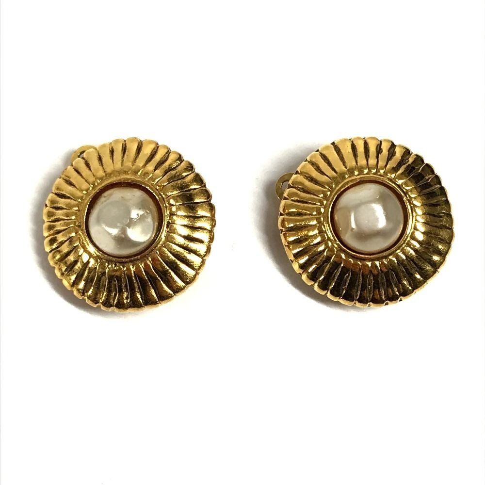 Chanel Earrings Faux Pearl Metal Gold