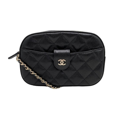 Chanel Shoulder Bag Chain Wallet Matelasse Caviar Skin Coco Mark Black Gold