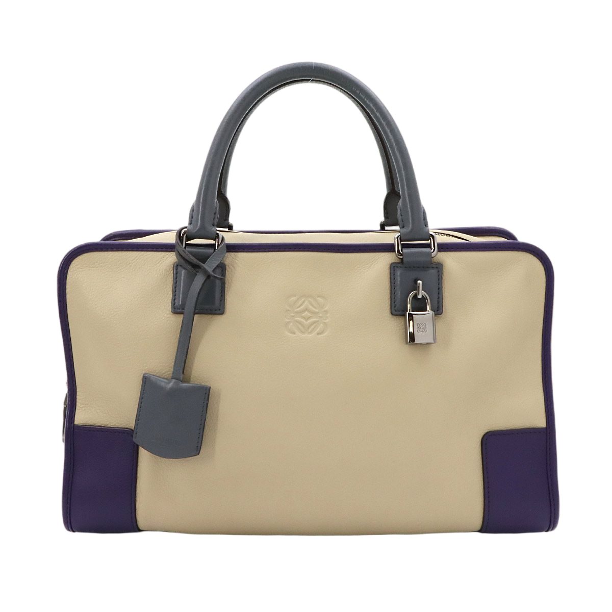 Loewe Amazona 36 Hand Bag Leather Beige Purple Gray Silver